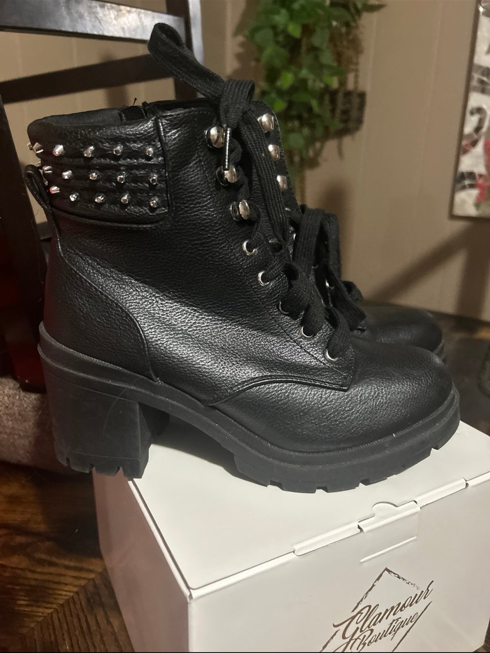 No Boundaries Black Studded Lace-Up Chunky Heel Ankle Boots